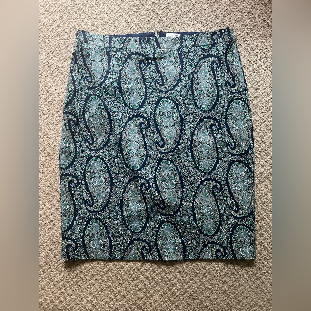 J. Crew Factory Blue and Green Paisley Pencil Skirt